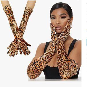 Women's Long Velvet Leopard Gloves